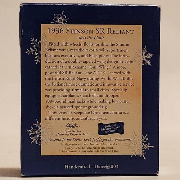 Hallmark Keepsake Ornament - 1936 Stinson SR Reliant Christmas Ornament - Picture 8 of 8
